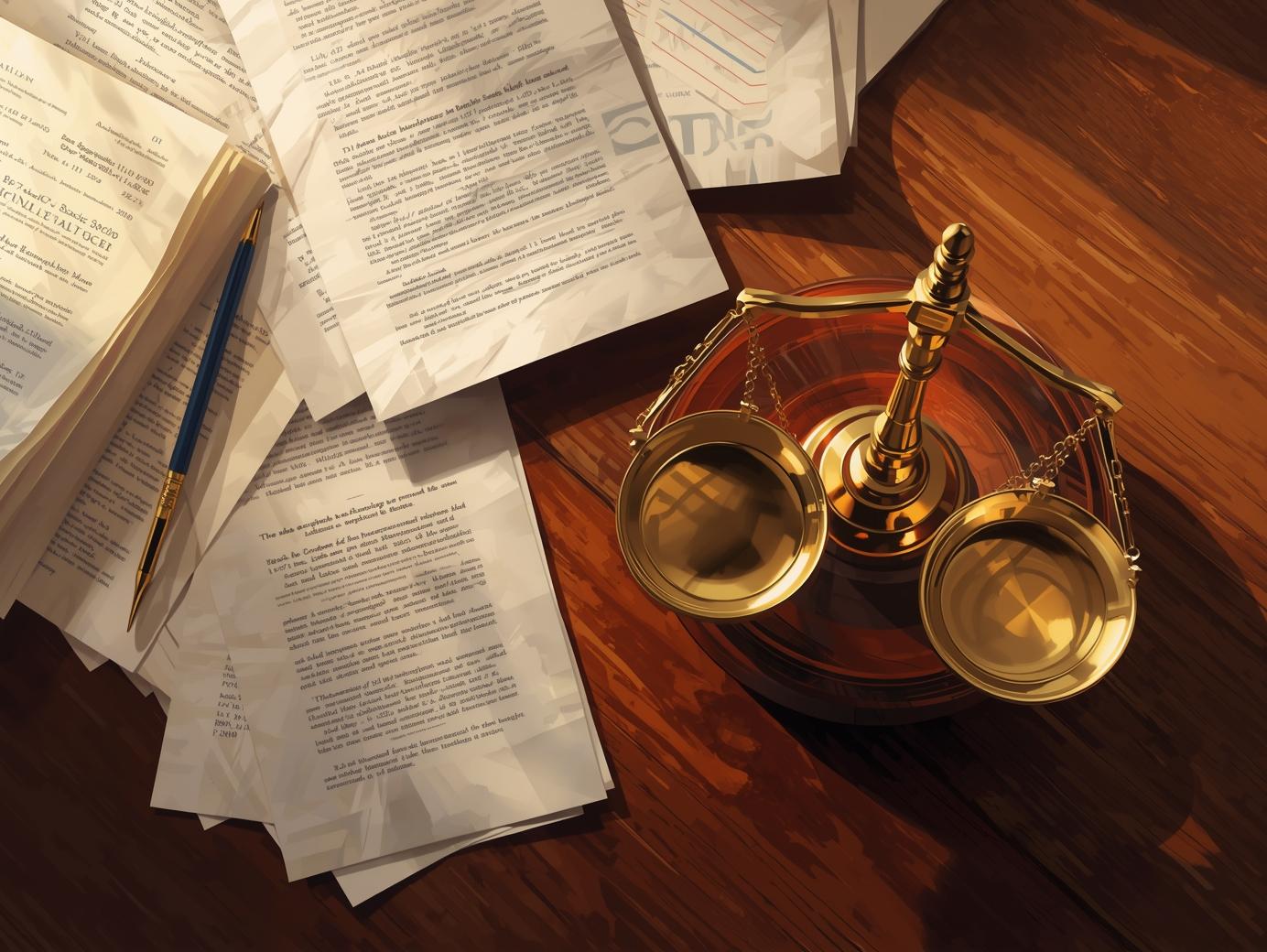 Waage auf einem Schreibtisch mit vielen Dokumenten